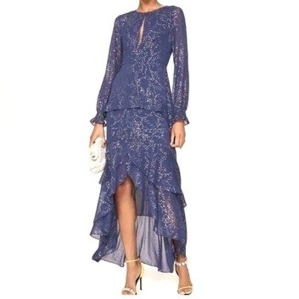Hutch Navy Gold Metallic Starry High-Low Ruffle Gown Womens 4 Blue‎ Celestial